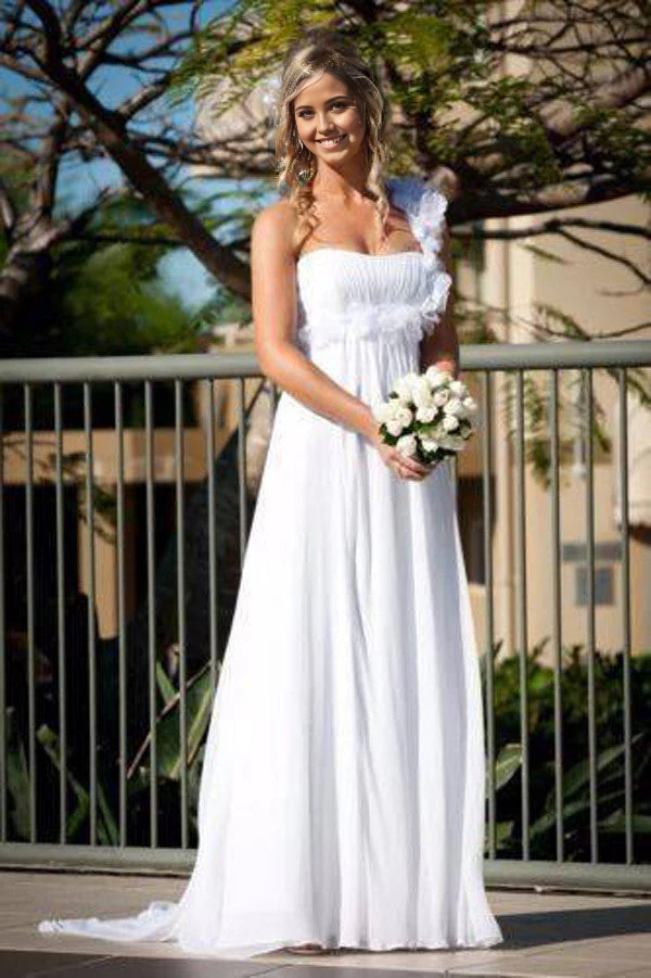 Vestido de novia sencillo con un solo hombro, largo hasta el suelo, floral, espalda media